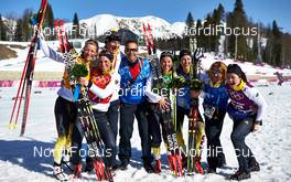 15.02.2014, Sochi, Russia (RUS): team Germany and coaches - XXII. Olympic Winter Games Sochi 2014, cross-country, 4x5km women, Sochi (RUS). www.nordicfocus.com. © NordicFocus. Every downloaded picture is fee-liable.