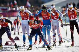 15.02.2014, Sochi, Russia (RUS): Kikkan Randall (USA), Ida Ingemarsdotter (SWE), Julia Ivanova (RUS), Anne Kylloenen (FIN), Aurore Jean (FRA), Katerina Smutna (AUT), (l-r) - XXII. Olympic Winter Games Sochi 2014, cross-country, 4x5km women, Sochi (RUS). www.nordicfocus.com. © NordicFocus. Every downloaded picture is fee-liable.
