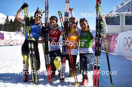 15.02.2014, Sochi, Russia (RUS): Denise Herrmann (GER), Nicole Fessel (GER), Claudia Nystad (GER), Stefanie Boehler (GER), (l-r) - XXII. Olympic Winter Games Sochi 2014, cross-country, 4x5km women, Sochi (RUS). www.nordicfocus.com. © NordicFocus. Every downloaded picture is fee-liable.