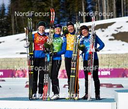 15.02.2014, Sochi, Russia (RUS): Anne Kylloenen (FIN), Aino-Kaisa Saarinen (FIN), Kerttu Niskanen (FIN), Krista Lahteenmaki (FIN), (l-r) - XXII. Olympic Winter Games Sochi 2014, cross-country, 4x5km women, Sochi (RUS). www.nordicfocus.com. © NordicFocus. Every downloaded picture is fee-liable.