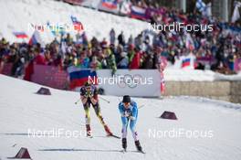 15.02.2014, Sochi, Russia (RUS): Krista Lahteenmaki (FIN), Denise Herrmann (GER) - XXII. Olympic Winter Games Sochi 2014, cross-country, 4x5km women, Sochi (RUS). www.nordicfocus.com. © NordicFocus. Every downloaded picture is fee-liable.