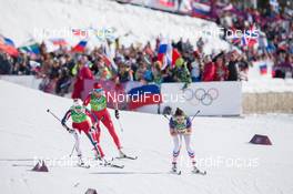 15.02.2014, Sochi, Russia (RUS): Celia Aymonier (FRA), Therese Johaug (NOR), Justyna Kowalczyk (POL) - XXII. Olympic Winter Games Sochi 2014, cross-country, 4x5km women, Sochi (RUS). www.nordicfocus.com. © NordicFocus. Every downloaded picture is fee-liable.