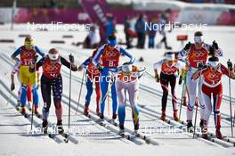 15.02.2014, Sochi, Russia (RUS): Tetyana Antypenko (UKR), Kikkan Randall (USA), Virginia Martin De Topranin (ITA), Ida Ingemarsdotter (SWE), Katerina Smutna (AUT), Aurore Jean (FRA), Heidi Weng (NOR), (l-r) - XXII. Olympic Winter Games Sochi 2014, cross-country, 4x5km women, Sochi (RUS). www.nordicfocus.com. © NordicFocus. Every downloaded picture is fee-liable.