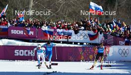 15.02.2014, Sochi, Russia (RUS): Charlotte Kalla (SWE), Krista Lahteenmaki (FIN), Denise Herrmann (GER), (l-r) - XXII. Olympic Winter Games Sochi 2014, cross-country, 4x5km women, Sochi (RUS). www.nordicfocus.com. © NordicFocus. Every downloaded picture is fee-liable.