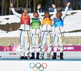 15.02.2014, Sochi, Russia (RUS): Ida Ingemarsdotter (SWE), Emma Wiken (SWE), Anna Haag (SWE), Charlotte Kalla (SWE), (l-r) - XXII. Olympic Winter Games Sochi 2014, cross-country, 4x5km women, Sochi (RUS). www.nordicfocus.com. © NordicFocus. Every downloaded picture is fee-liable.