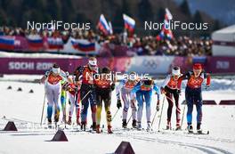 15.02.2014, Sochi, Russia (RUS): Ida Ingemarsdotter (SWE), Kikkan Randall (USA), Nicole Fessel (GER), Aurore Jean (FRA), Anne Kylloenen (FIN), Katerina Smutna (AUT), Julia Ivanova (RUS), (l-r) - XXII. Olympic Winter Games Sochi 2014, cross-country, 4x5km women, Sochi (RUS). www.nordicfocus.com. © NordicFocus. Every downloaded picture is fee-liable.