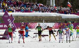 15.02.2014, Sochi, Russia (RUS): Therese Johaug (NOR), Heidi Weng (NOR), Stefanie Boehler (GER), Nicole Fessel (GER), Celia Aymonier (FRA), Aurore Jean (FRA), (l-r) - XXII. Olympic Winter Games Sochi 2014, cross-country, 4x5km women, Sochi (RUS). www.nordicfocus.com. © NordicFocus. Every downloaded picture is fee-liable.