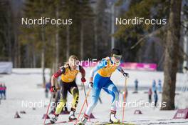 15.02.2014, Sochi, Russia (RUS): Kerttu Niskanen (FIN), Claudia Nystad (GER) - XXII. Olympic Winter Games Sochi 2014, cross-country, 4x5km women, Sochi (RUS). www.nordicfocus.com. © NordicFocus. Every downloaded picture is fee-liable.