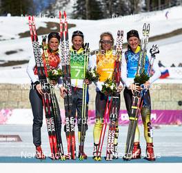 15.02.2014, Sochi, Russia (RUS): Nicole Fessel (GER), Stefanie Boehler (GER), Claudia Nystad (GER), Denise Herrmann (GER), (l-r) - XXII. Olympic Winter Games Sochi 2014, cross-country, 4x5km women, Sochi (RUS). www.nordicfocus.com. © NordicFocus. Every downloaded picture is fee-liable.
