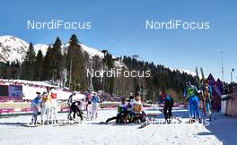 15.02.2014, Sochi, Russia (RUS): athletes in the finish area - XXII. Olympic Winter Games Sochi 2014, cross-country, 4x5km women, Sochi (RUS). www.nordicfocus.com. © NordicFocus. Every downloaded picture is fee-liable.