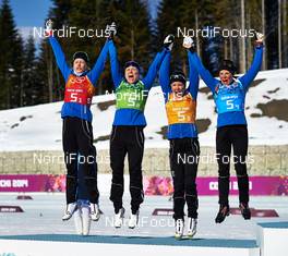 15.02.2014, Sochi, Russia (RUS): Anne Kylloenen (FIN), Aino-Kaisa Saarinen (FIN), Kerttu Niskanen (FIN), Krista Lahteenmaki (FIN), (l-r) - XXII. Olympic Winter Games Sochi 2014, cross-country, 4x5km women, Sochi (RUS). www.nordicfocus.com. © NordicFocus. Every downloaded picture is fee-liable.