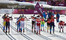 15.02.2014, Sochi, Russia (RUS): women's start - XXII. Olympic Winter Games Sochi 2014, cross-country, 4x5km women, Sochi (RUS). www.nordicfocus.com. © NordicFocus. Every downloaded picture is fee-liable.