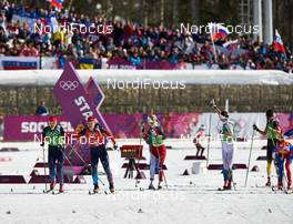15.02.2014, Sochi, Russia (RUS): Olga Kuziukova (RUS), Julia Ivanova (RUS), Therese Johaug (NOR), Emma Wiken (SWE), Stefanie Boehler (GER), (l-r) - XXII. Olympic Winter Games Sochi 2014, cross-country, 4x5km women, Sochi (RUS). www.nordicfocus.com. © NordicFocus. Every downloaded picture is fee-liable.