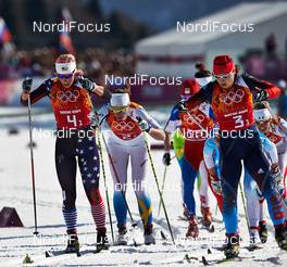 15.02.2014, Sochi, Russia (RUS): Kikkan Randall (USA), Ida Ingemarsdotter (SWE), Julia Ivanova (RUS), (l-r) - XXII. Olympic Winter Games Sochi 2014, cross-country, 4x5km women, Sochi (RUS). www.nordicfocus.com. © NordicFocus. Every downloaded picture is fee-liable.