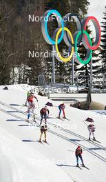 15.02.2014, Sochi, Russia (RUS): women pass the olympic rings in the downhill - XXII. Olympic Winter Games Sochi 2014, cross-country, 4x5km women, Sochi (RUS). www.nordicfocus.com. © NordicFocus. Every downloaded picture is fee-liable.