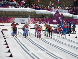 15.02.2014, Sochi, Russia (RUS): women's start - XXII. Olympic Winter Games Sochi 2014, cross-country, 4x5km women, Sochi (RUS). www.nordicfocus.com. © NordicFocus. Every downloaded picture is fee-liable.