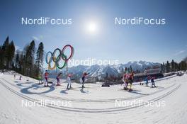 15.02.2014, Sochi, Russia (RUS): Anne Kylloenen (FIN), Heidi Weng (NOR), Ida Ingemarsdotter (SWE), Kikkan Randall (USA), Aurore Jean (FRA), Nicole Fessel (GER) - XXII. Olympic Winter Games Sochi 2014, cross-country, 4x5km women, Sochi (RUS). www.nordicfocus.com. © NordicFocus. Every downloaded picture is fee-liable.