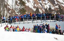 15.02.2014, Sochi, Russia (RUS): athletes on the way to the tunnel, passing photographers and coaches - XXII. Olympic Winter Games Sochi 2014, cross-country, 4x5km women, Sochi (RUS). www.nordicfocus.com. © NordicFocus. Every downloaded picture is fee-liable.