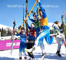 15.02.2014, Sochi, Russia (RUS): Krista Lahteenmaki (FIN), Anne Kylloenen (FIN), Aino-Kaisa Saarinen (FIN), Kerttu Niskanen (FIN), (l-r) - XXII. Olympic Winter Games Sochi 2014, cross-country, 4x5km women, Sochi (RUS). www.nordicfocus.com. © NordicFocus. Every downloaded picture is fee-liable.