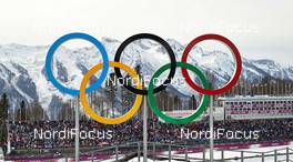 09.02.2014, Sochi, Russia (RUS): the olympic rings high above the venue - XXII. Olympic Winter Games Sochi 2014, cross-country, skiathlon men, Sochi (RUS). www.nordicfocus.com. © NordicFocus. Every downloaded picture is fee-liable.