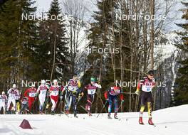 09.02.2014, Sochi, Russia (RUS): Jean Marc Gaillard (FRA), Dario Cologna (SUI), Lars Nelson (SWE), Martin Johnsrud Sundby (NOR), Alexey Poltoranin (KAZ), Johannes Duerr (AUT), Alexander Legkov (RUS), Hannes Dotzler (GER), (l-r) - XXII. Olympic Winter Games Sochi 2014, cross-country, skiathlon men, Sochi (RUS). www.nordicfocus.com. © NordicFocus. Every downloaded picture is fee-liable.