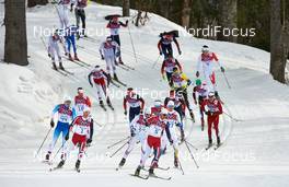 09.02.2014, Sochi, Russia (RUS): Iivo Niskanen (FIN), Martin Johnsrud Sundby (NOR), Jean Marc Gaillard (FRA), Petter Northug (NOR), Lars Nelson (SWE), (l-r) - XXII. Olympic Winter Games Sochi 2014, cross-country, skiathlon men, Sochi (RUS). www.nordicfocus.com. © NordicFocus. Every downloaded picture is fee-liable.