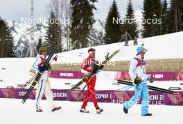 09.02.2014, Sochi, Russia (RUS): Marcus Hellner (SWE), Dario Cologna (SUI), Martin Johnsrud Sundby (NOR), (l-r) - XXII. Olympic Winter Games Sochi 2014, cross-country, skiathlon men, Sochi (RUS). www.nordicfocus.com. © NordicFocus. Every downloaded picture is fee-liable.