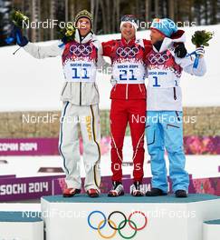 09.02.2014, Sochi, Russia (RUS): Marcus Hellner (SWE), Dario Cologna (SUI), Martin Johnsrud Sundby (NOR), (l-r) - XXII. Olympic Winter Games Sochi 2014, cross-country, skiathlon men, Sochi (RUS). www.nordicfocus.com. © NordicFocus. Every downloaded picture is fee-liable.