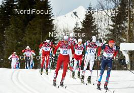 09.02.2014, Sochi, Russia (RUS): Dario Cologna (SUI), Curdin Perl (SUI), Martin Johnsrud Sundby (NOR), Jean Marc Gaillard (FRA), Alexander Legkov (RUS), (l-r) - XXII. Olympic Winter Games Sochi 2014, cross-country, skiathlon men, Sochi (RUS). www.nordicfocus.com. © NordicFocus. Every downloaded picture is fee-liable.