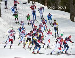 09.02.2014, Sochi, Russia (RUS): Sjur Roethe (NOR), Maurice Manificat (FRA), Hannes Dotzler (GER), Alexey Poltoranin (KAZ), Maxim Vylegzhanin (RUS), Alex Harvey (CAN), Ivan Babikov (CAN), Johannes Duerr (AUT), Alexander Legkov (RUS), (l-r) - XXII. Olympic Winter Games Sochi 2014, cross-country, skiathlon men, Sochi (RUS). www.nordicfocus.com. © NordicFocus. Every downloaded picture is fee-liable.