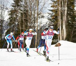 09.02.2014, Sochi, Russia (RUS): Iivo Niskanen (FIN), Ilia Chernousov (RUS), Anders Soedergren (SWE), Evgeniy Belov (RUS), Maurice Manificat (FRA), (l-r) - XXII. Olympic Winter Games Sochi 2014, cross-country, skiathlon men, Sochi (RUS). www.nordicfocus.com. © NordicFocus. Every downloaded picture is fee-liable.