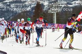 09.02.2014, Sochi, Russia (RUS): Martin Johnsrud Sundby (NOR), Johannes Duerr (AUT), Alexander Legkov (RUS), Hannes Dotzler (GER), (l-r) - XXII. Olympic Winter Games Sochi 2014, cross-country, skiathlon men, Sochi (RUS). www.nordicfocus.com. © NordicFocus. Every downloaded picture is fee-liable.