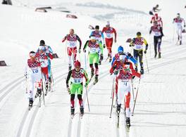 09.02.2014, Sochi, Russia (RUS): Ivan Babikov (CAN), Michail Semenov (BLR), Alex Harvey (CAN), (l-r) - XXII. Olympic Winter Games Sochi 2014, cross-country, skiathlon men, Sochi (RUS). www.nordicfocus.com. © NordicFocus. Every downloaded picture is fee-liable.