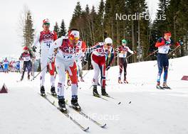 09.02.2014, Sochi, Russia (RUS): Alex Harvey (CAN), Ivan Babikov (CAN), Petter Northug (NOR), Johannes Duerr (AUT), Alexander Legkov (RUS), (l-r) - XXII. Olympic Winter Games Sochi 2014, cross-country, skiathlon men, Sochi (RUS). www.nordicfocus.com. © NordicFocus. Every downloaded picture is fee-liable.