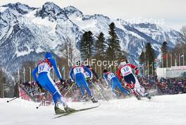 09.02.2014, Sochi, Russia (RUS): Francesco De Fabiani (ITA), Matti Heikkinen (FIN), Mark Starostin (KAZ), Lari Lehtonen (FIN), Sjur Roethe (NOR), (l-r) - XXII. Olympic Winter Games Sochi 2014, cross-country, skiathlon men, Sochi (RUS). www.nordicfocus.com. © NordicFocus. Every downloaded picture is fee-liable.