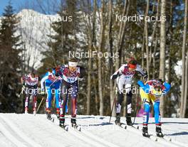 08.02.2014, Sochi, Russia (RUS): Holly Brooks (USA), Laura Orgue (SPA), Valentina Shevchenko (UKR), (l-r) - XXII. Olympic Winter Games Sochi 2014, cross-country, skiathlon women, Sochi (RUS). www.nordicfocus.com. © NordicFocus. Every downloaded picture is fee-liable.