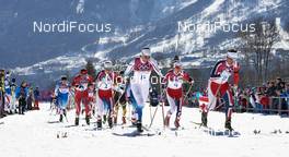 08.02.2014, Sochi, Russia (RUS): Justyna Kowalczyk (POL), Therese Johaug (NOR), Charlotte Kalla (SWE), Heidi Weng (NOR), Marit Bjoergen (NOR), (l-r) - XXII. Olympic Winter Games Sochi 2014, cross-country, skiathlon women, Sochi (RUS). www.nordicfocus.com. © NordicFocus. Every downloaded picture is fee-liable.