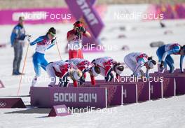 08.02.2014, Sochi, Russia (RUS): Marit Bjoergen (NOR), Charlotte Kalla (SWE), Heidi Weng (NOR), Therese Johaug (NOR), Aino Kaisa Saarinen (FIN) - XXII. Olympic Winter Games Sochi 2014, cross-country, skiathlon women, Sochi (RUS). www.nordicfocus.com. © NordicFocus. Every downloaded picture is fee-liable.