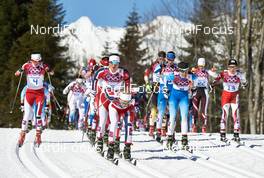 08.02.2014, Sochi, Russia (RUS): Heidi Weng (NOR), Marit Bjoergen (NOR), Therese Johaug (NOR), Kerttu Niskanen (FIN), Masako Ishida (JPN), (l-r) - XXII. Olympic Winter Games Sochi 2014, cross-country, skiathlon women, Sochi (RUS). www.nordicfocus.com. © NordicFocus. Every downloaded picture is fee-liable.