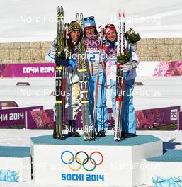08.02.2014, Sochi, Russia (RUS): Charlotte Kalla (SWE), Marit Bjoergen (NOR), Heidi Weng (NOR), (l-r) - XXII. Olympic Winter Games Sochi 2014, cross-country, skiathlon women, Sochi (RUS). www.nordicfocus.com. © NordicFocus. Every downloaded picture is fee-liable.