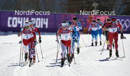 08.02.2014, Sochi, Russia (RUS): Therese Johaug (NOR), Marit Bjoergen (NOR), Justyna Kowalczyk (POL), (l-r) - XXII. Olympic Winter Games Sochi 2014, cross-country, skiathlon women, Sochi (RUS). www.nordicfocus.com. © NordicFocus. Every downloaded picture is fee-liable.