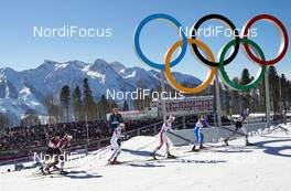08.02.2014, Sochi, Russia (RUS): Katrin Zeller (GER), Sadie Bjornsen (USA), Sara Lindborg (SWE), Aurore Jean (FRA), Marina Piller (ITA), Olga Kuziukova (RUS), Kristin Stoermer Steira (NOR), (l-r) - XXII. Olympic Winter Games Sochi 2014, cross-country, skiathlon women, Sochi (RUS). www.nordicfocus.com. © NordicFocus. Every downloaded picture is fee-liable.