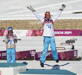 08.02.2014, Sochi, Russia (RUS): Marit Bjoergen (NOR), Heidi Weng (NOR), (l-r) - XXII. Olympic Winter Games Sochi 2014, cross-country, skiathlon women, Sochi (RUS). www.nordicfocus.com. © NordicFocus. Every downloaded picture is fee-liable.
