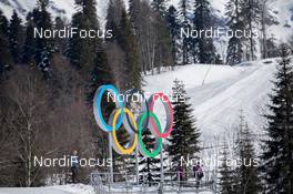 08.02.2014, Sochi, Russia (RUS): Event Feature: The Olympic Rings in the cross-country venue - XXII. Olympic Winter Games Sochi 2014, cross-country, skiathlon women, Sochi (RUS). www.nordicfocus.com. © NordicFocus. Every downloaded picture is fee-liable.