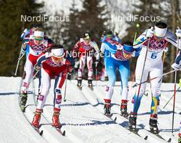 08.02.2014, Sochi, Russia (RUS): Therese Johaug (NOR), Heidi Weng (NOR), Aino-Kaisa Saarinen (FIN), Charlotte Kalla (SWE), (l-r) - XXII. Olympic Winter Games Sochi 2014, cross-country, skiathlon women, Sochi (RUS). www.nordicfocus.com. © NordicFocus. Every downloaded picture is fee-liable.