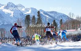 08.02.2014, Sochi, Russia (RUS): Irina Khazova (RUS), Stefanie Boehler (GER), Marina Piller (ITA), (l-r) - XXII. Olympic Winter Games Sochi 2014, cross-country, skiathlon women, Sochi (RUS). www.nordicfocus.com. © NordicFocus. Every downloaded picture is fee-liable.
