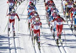 08.02.2014, Sochi, Russia (RUS): Kristin Stoermer Steira (NOR), Therese Johaug (NOR), Justyna Kowalczyk (POL), (l-r) - XXII. Olympic Winter Games Sochi 2014, cross-country, skiathlon women, Sochi (RUS). www.nordicfocus.com. © NordicFocus. Every downloaded picture is fee-liable.