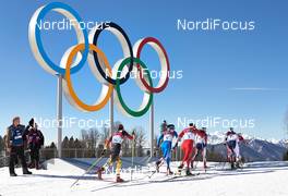 08.02.2014, Sochi, Russia (RUS): Nicole Fessel (GER), Aino-Kaisa Saarinen (FIN), Justyna Kowalczyk (POL), Heidi Weng (NOR), Therese Johaug (NOR), (l-r) - XXII. Olympic Winter Games Sochi 2014, cross-country, skiathlon women, Sochi (RUS). www.nordicfocus.com. © NordicFocus. Every downloaded picture is fee-liable.