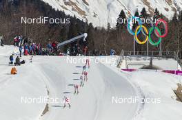 08.02.2014, Sochi, Russia (RUS): Marit Bjoergen (NOR), Therese Johaug (NOR), Charlotte Kalla (SWE), Heidi Weng (NOR) - XXII. Olympic Winter Games Sochi 2014, cross-country, skiathlon women, Sochi (RUS). www.nordicfocus.com. © NordicFocus. Every downloaded picture is fee-liable.