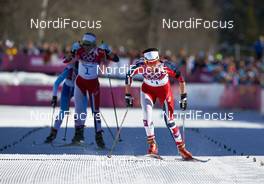 08.02.2014, Sochi, Russia (RUS): Therese Johaug (NOR), Heidi Weng (NOR), (l-r) - XXII. Olympic Winter Games Sochi 2014, cross-country, skiathlon women, Sochi (RUS). www.nordicfocus.com. © NordicFocus. Every downloaded picture is fee-liable.